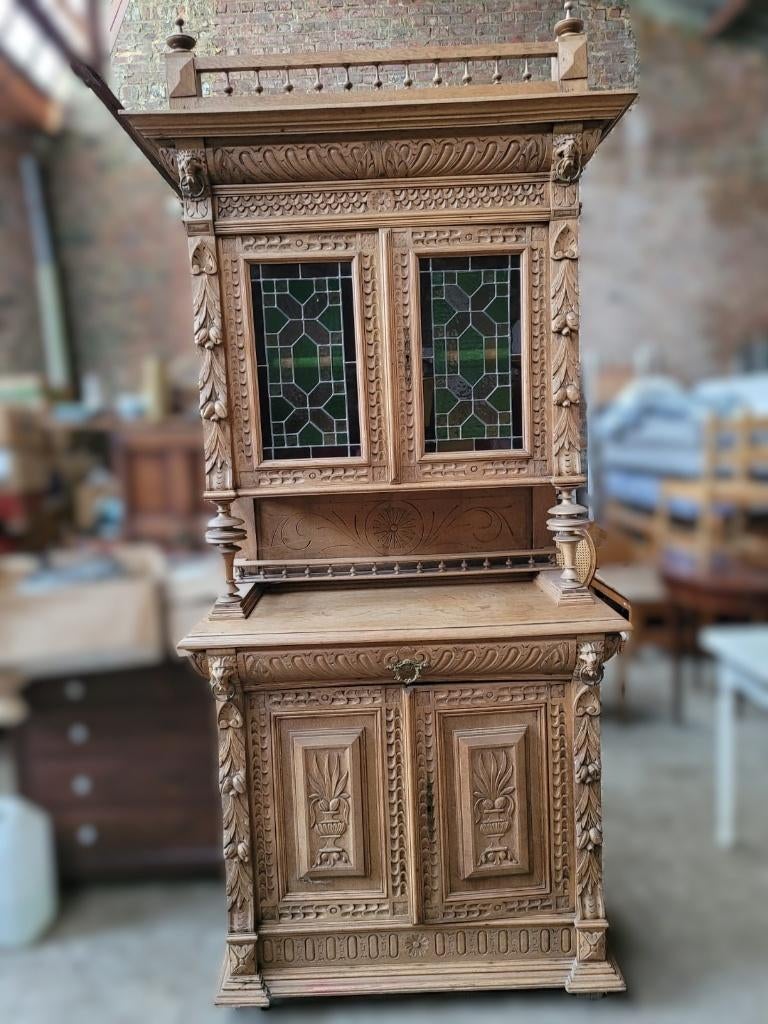 Buffet ancien deux corps sculpté avec vitraux, Antiquités & Art, Enlèvement