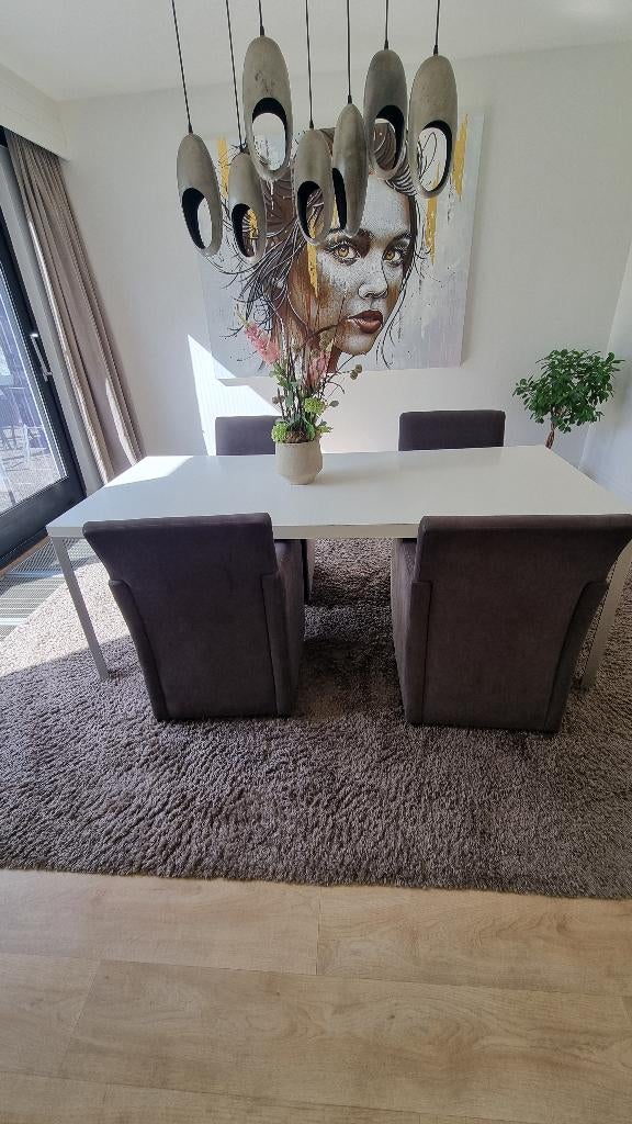 Moderne eettafel met 6 stoelen met wieltjes, Huis en Inrichting, Tafels | Eettafels, Gebruikt, 200 cm of meer, 50 tot 100 cm, Vijf personen of meer