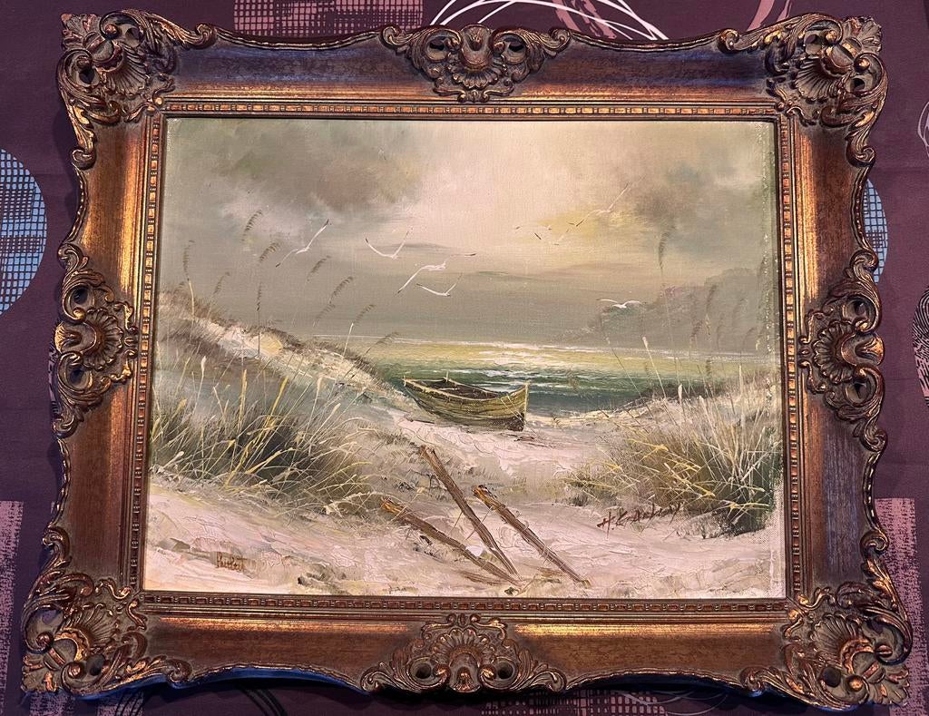 Schilderij Vlaams kustlandschap, olie op doek, met sierkader, Antiek en Kunst, Ophalen