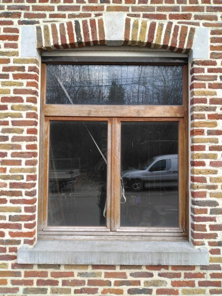 Te koop, massief merbeau houten raam l 1 m 58 x h 1 m 88, 120 cm of meer, Overige typen, Minder dan 200 cm, Ophalen of Verzenden