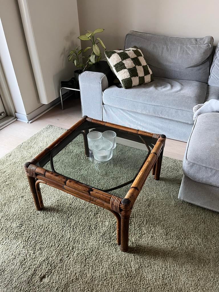 Vintage rotan salontafel, Huis en Inrichting, Ophalen, 50 tot 100 cm, Vierkant, 50 tot 100 cm