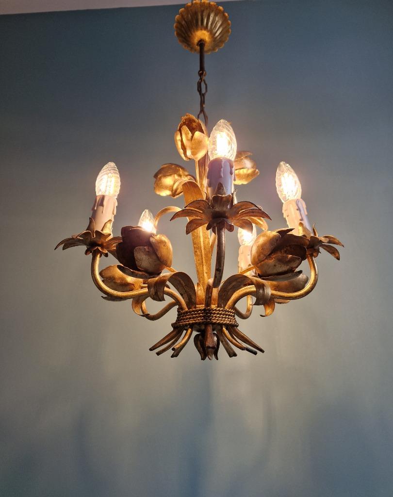 Lustre floral italien en métal doré, Hollywood Regency, 1970, Enlèvement ou Envoi