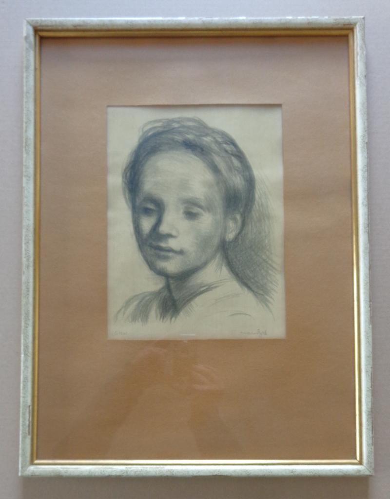 ALBERT VAN DYCK / MEISJESGEZICHT / ZW-W LITHO 56x42cm KADER, Ophalen of Verzenden