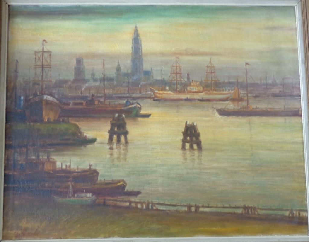 URBAIN GERLO / ZICHT OP ANTWERPEN / OLIEVERF DOEK 123x148cm, Antiquités & Art, Enlèvement