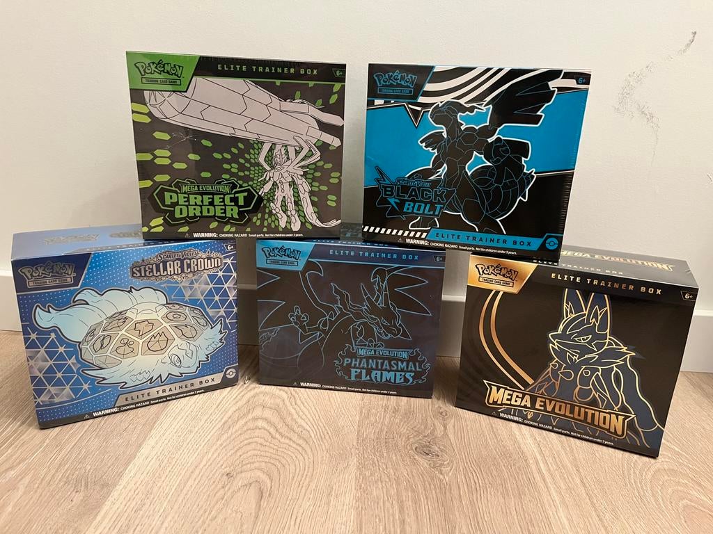 5x Pokémon Sealed ETB’s: Phantasmal, Stellar, Mega Evolution, Ophalen of Verzenden, Nieuw, Boosterbox, Foil