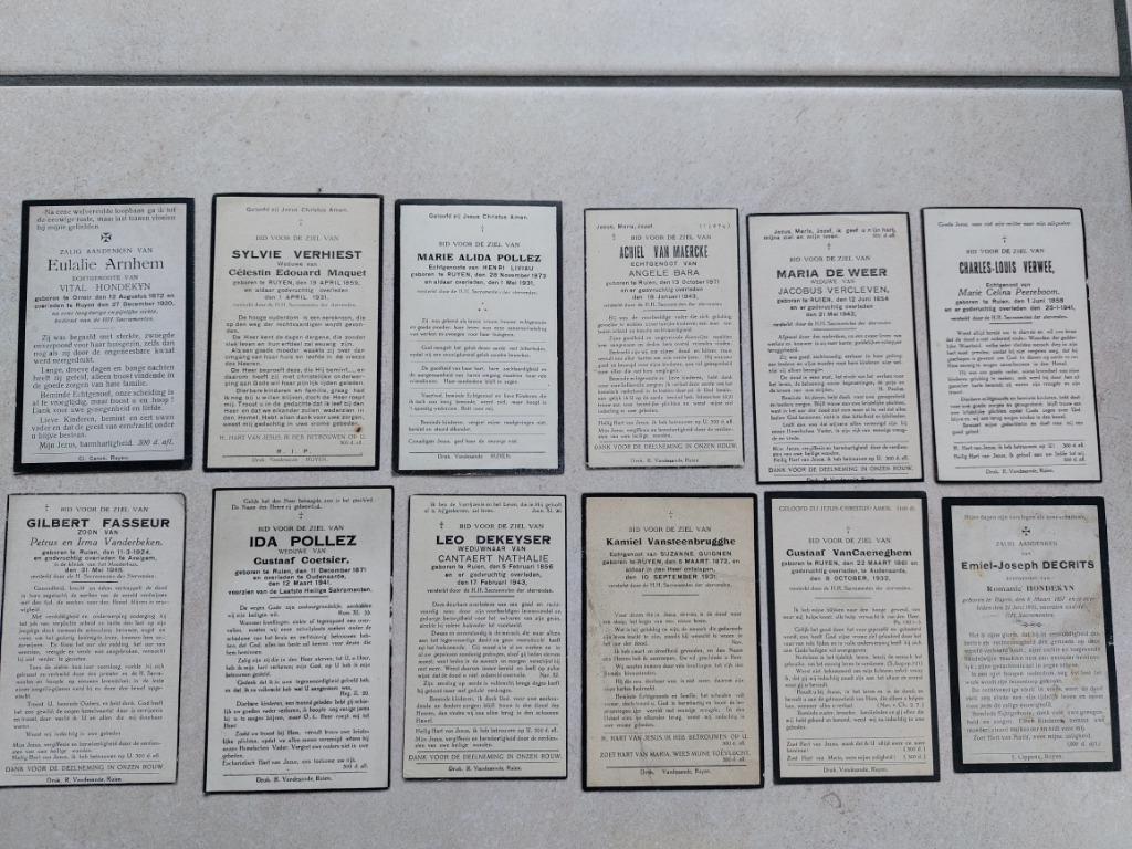 12 oude doodsprentjes van de gemeente Ruien, Envoi