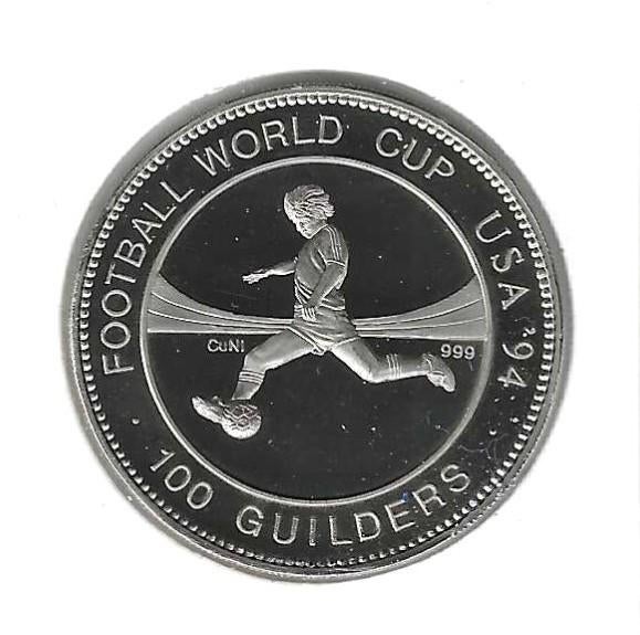Suriname, 100 Guilders 1994, Football World Cup USA., Ophalen of Verzenden, Zuid-Amerika, Losse munt