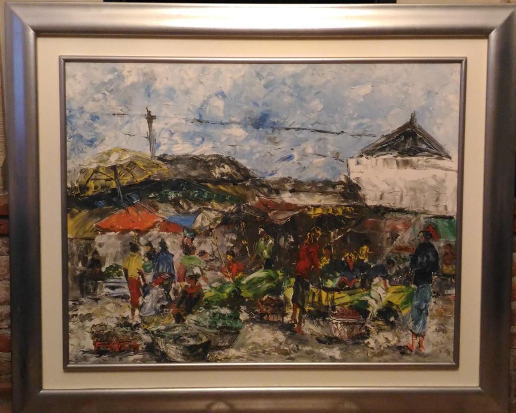 Scène de marché africaine à l'huile / toile, Enlèvement