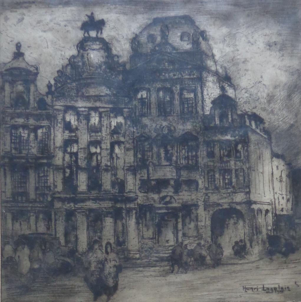 HENRI LOGELAIN / MAISON DU CYGNE / ZW-W ETS / 68x50cm, Antiek en Kunst, Kunst | Etsen en Gravures, Ophalen of Verzenden