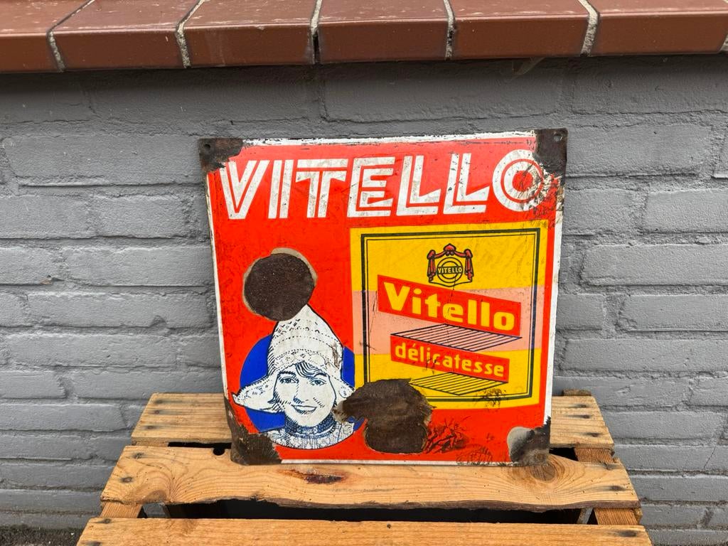 Oud Vitello emaille reclamebord, Ophalen of Verzenden, Gebruikt, Reclamebord