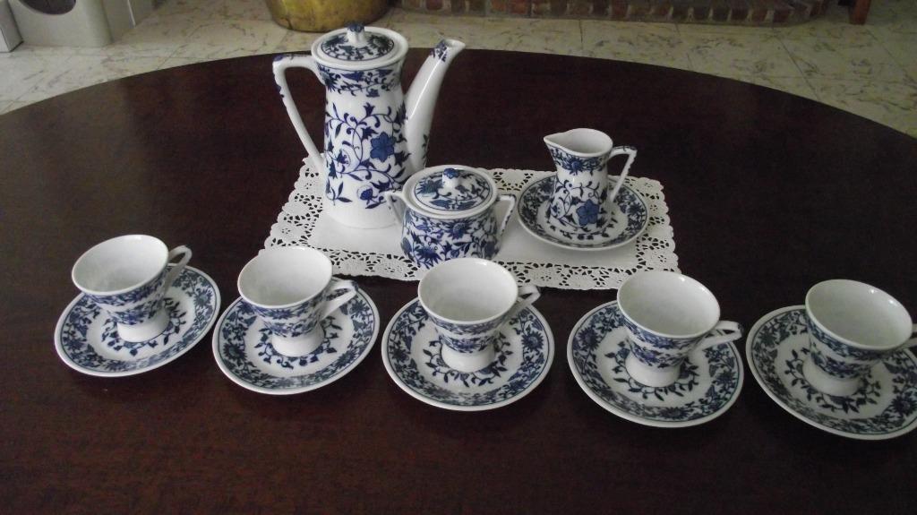 antiek porselein blauw koffie serviesje, Ophalen of Verzenden