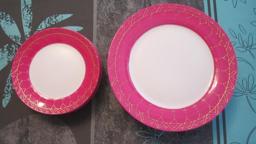 12 ASSIETTES STYLE ORIENTAL MAISON DU MONDE FUCHSIA ET OR, Ophalen, Nieuw, Bord(en)