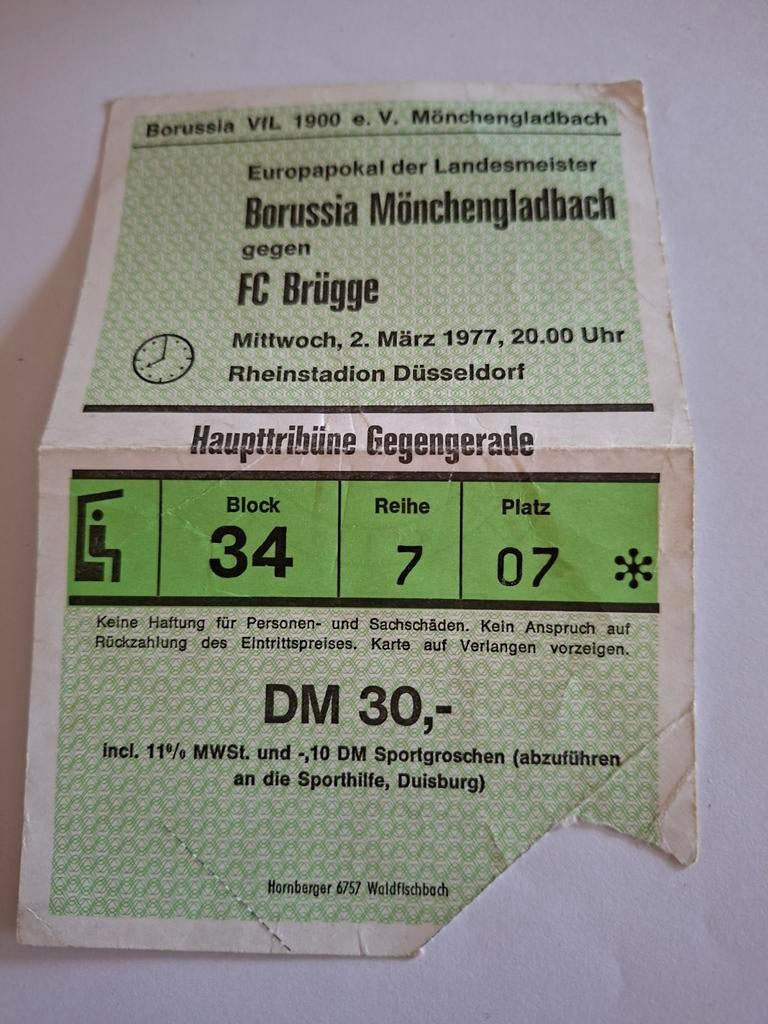 Ticket Club Brugge - Borussia Munchen gladbach 1977, Ophalen of Verzenden