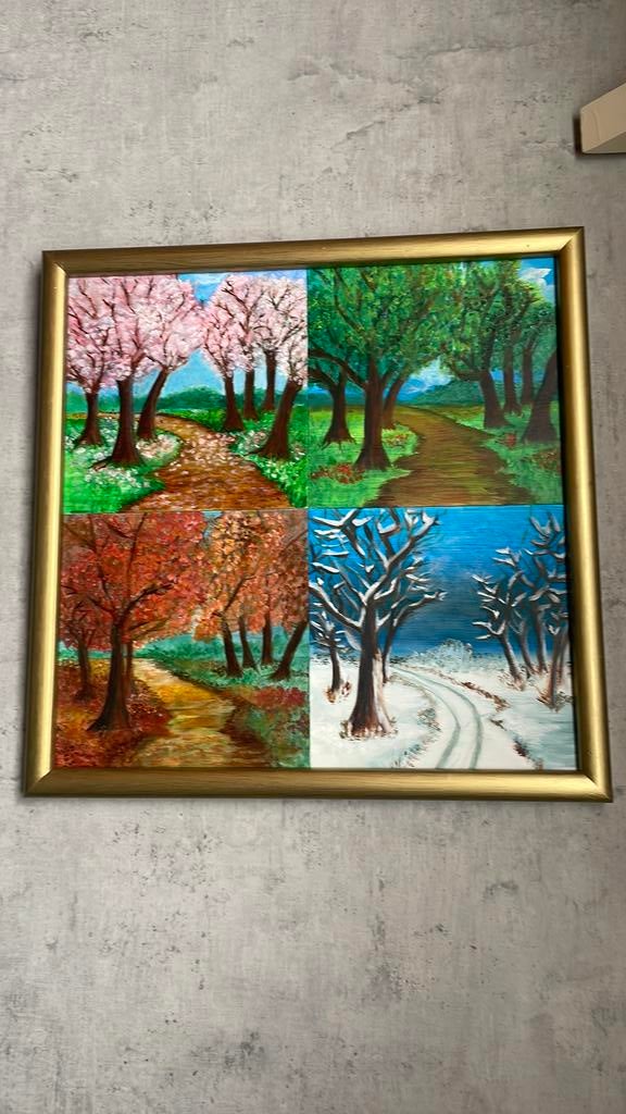 Canvasschilderij acryl, 50 cm op 50 cm/ de vier seizoenen, Antiek en Kunst, Kunst | Schilderijen | Abstract, Ophalen