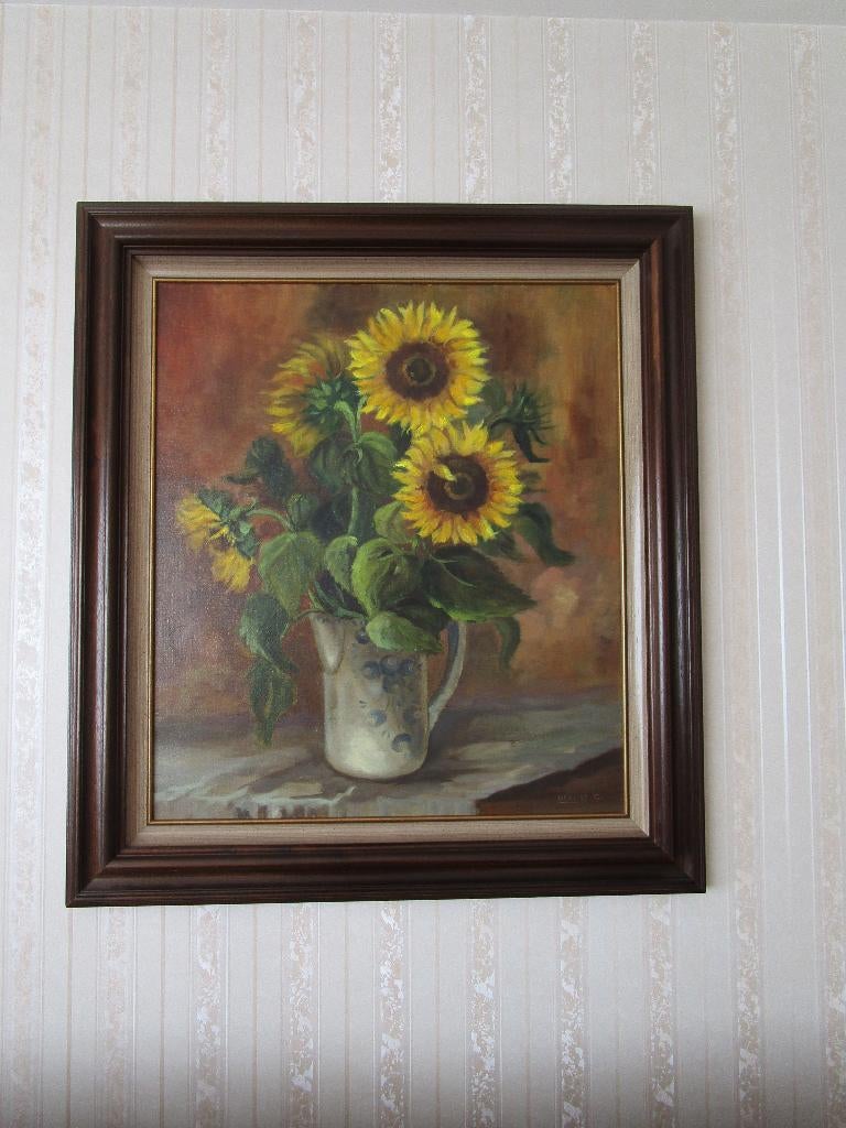 Groot olieverfdoek "ZONNEBLOEMEN" in massief houten kader, Antiek en Kunst, Kunst | Schilderijen | Klassiek, Ophalen