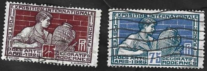 2 Postzegels Frankrijk1925 Tentoonstelling decoratieve kunst, Ophalen of Verzenden, Gestempeld