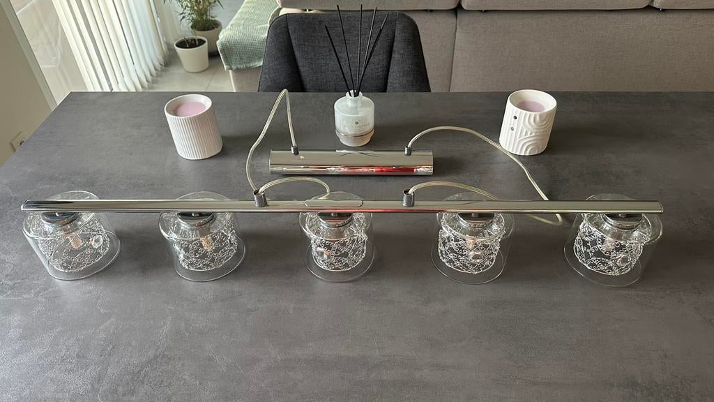 Suspension luminaire en verre et inox., Maison & Meubles, Lampes | Suspensions, Enlèvement ou Envoi, Comme neuf, Verre