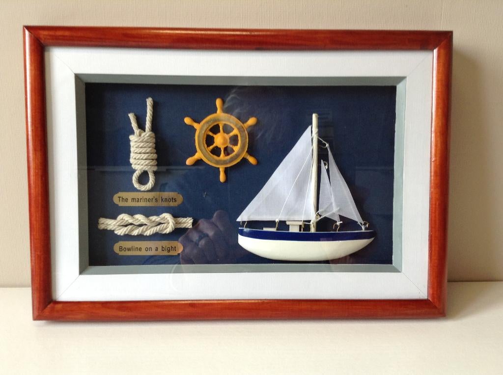 Schaduwdoos vissersthema blauwwit 32 x 22 cm, Ophalen of Verzenden, Zo goed als nieuw, 1:50 of kleiner, Diorama