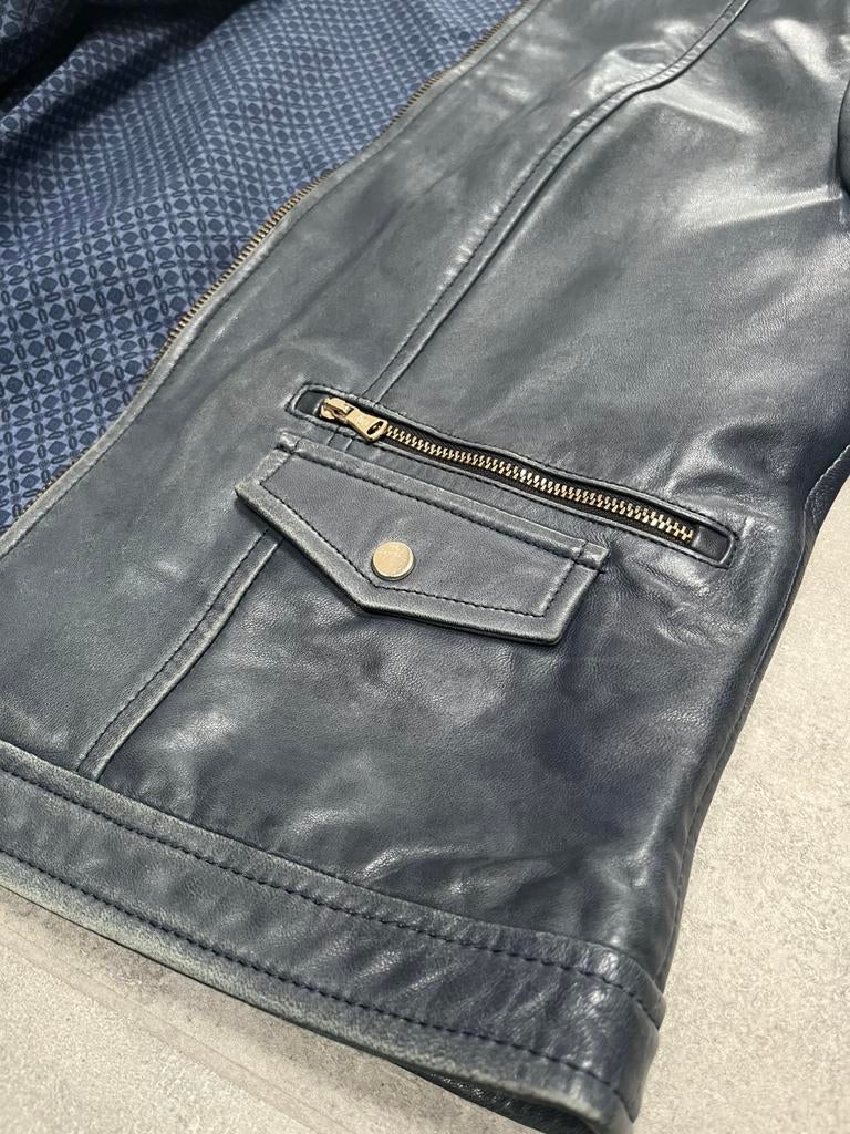 Leren motorjack-stijl vest – Massimo Dutti, Kleding | Dames, Jassen | Winter, Zo goed als nieuw, Maat 38/40 (M), Ophalen of Verzenden