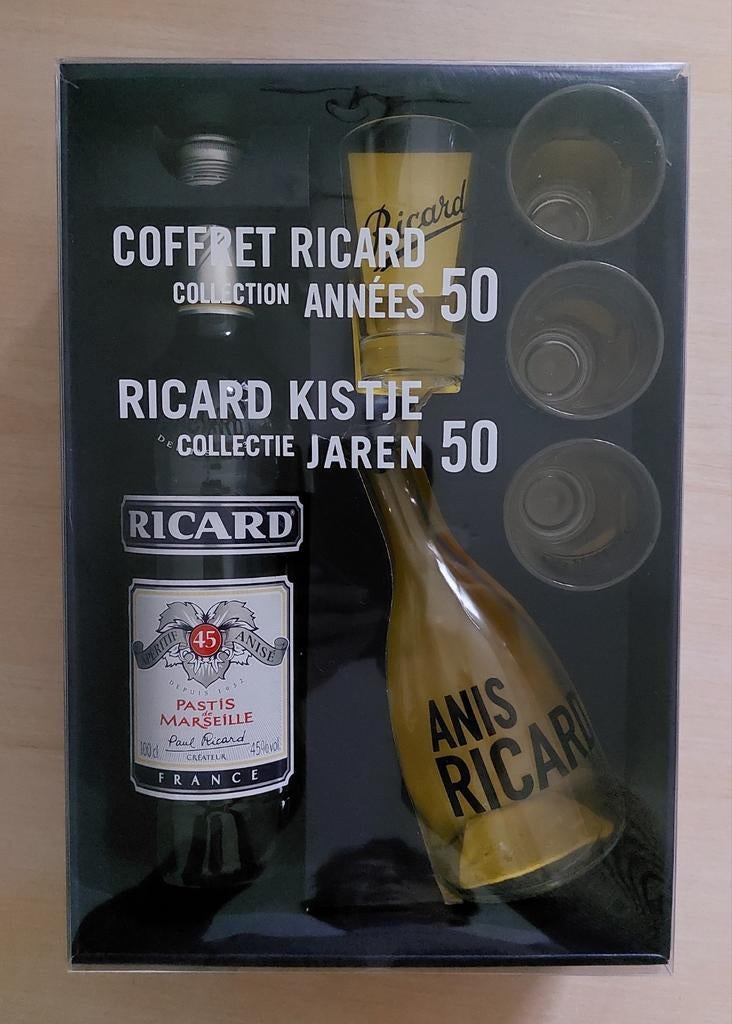 anis Ricard collectie jaren 50, fles 1L+  karaf + 4 glazen, Verzamelen, Ophalen of Verzenden, Nieuw, Gebruiksvoorwerp