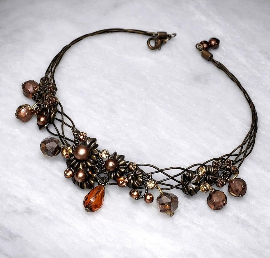 choker brons met bruine parels en kristallen, Bijoux, Sacs & Beauté, Colliers, Neuf, Autres matériaux, Brun, Avec cristal, Avec strass