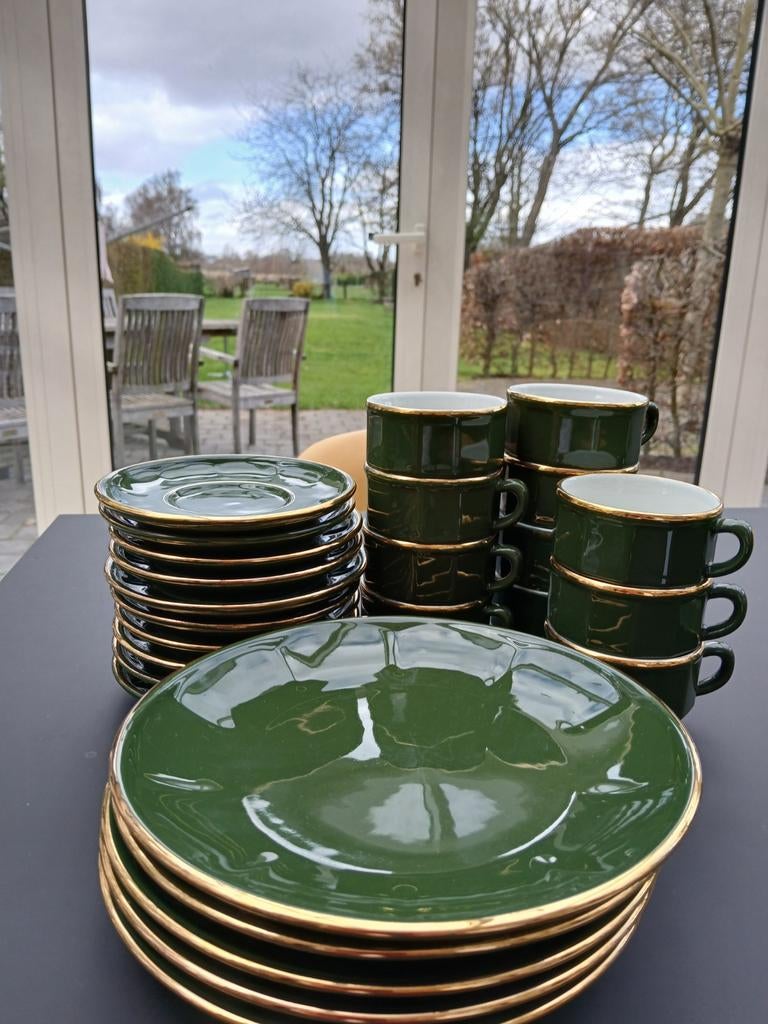 Retro groene tasjes, ondertas, melkpot, schotel, dessertbord, Verzamelen, Ophalen