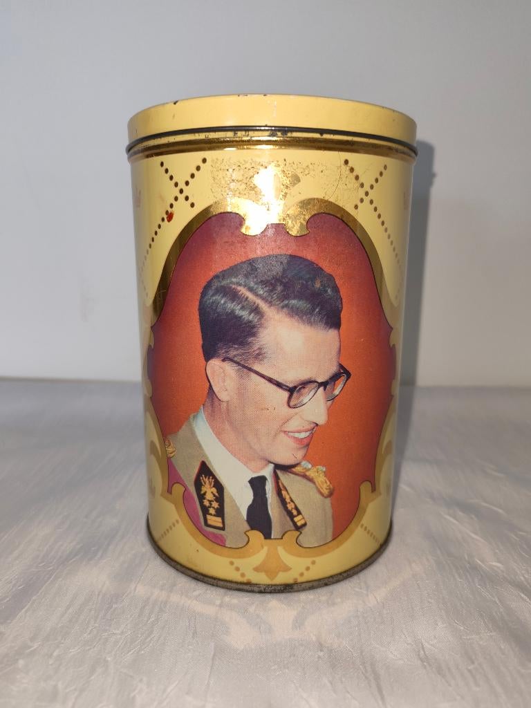 Oude ronde blikken doos met koning Boudewijn, Verzamelen, Ophalen of Verzenden, Gebruikt, Koffie, Overige merken