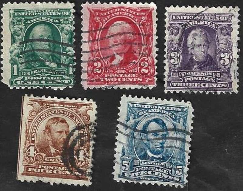 5 Postzegels USA 1903 Presidenten en politici, Postzegels en Munten, Postzegels | Amerika, Gestempeld, Noord-Amerika, Ophalen of Verzenden