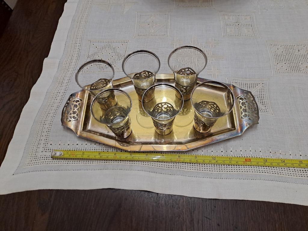 zilveren plateau met 6 glazen, Ophalen, Zilver
