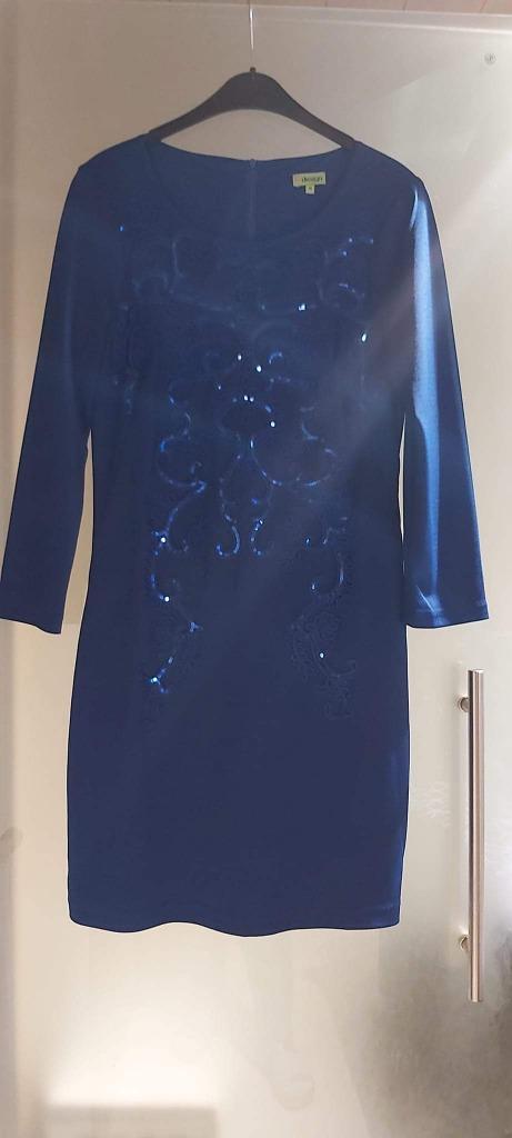 Robe K-Design bleu royal avec manches et paillettes, Taille 38/40 (M), Comme neuf, Longueur genou, Bleu