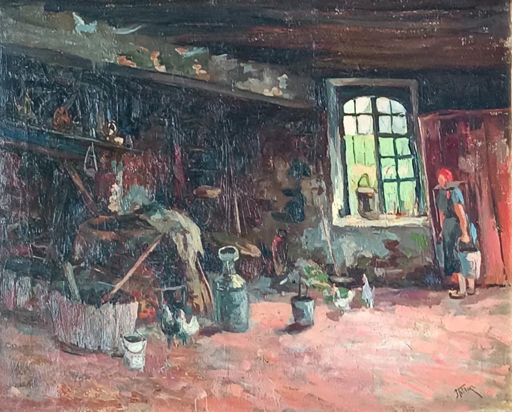 Jehan Frison (1882-1961): Boereninterieur (O/D, 74 x 62 cm), Antiquités & Art, Enlèvement ou Envoi