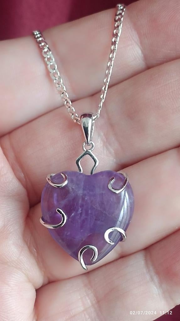 Pendentif en argent massif avec coeur en améthyste, Neuf, Enlèvement ou Envoi, Avec pierre précieuse, Cœur