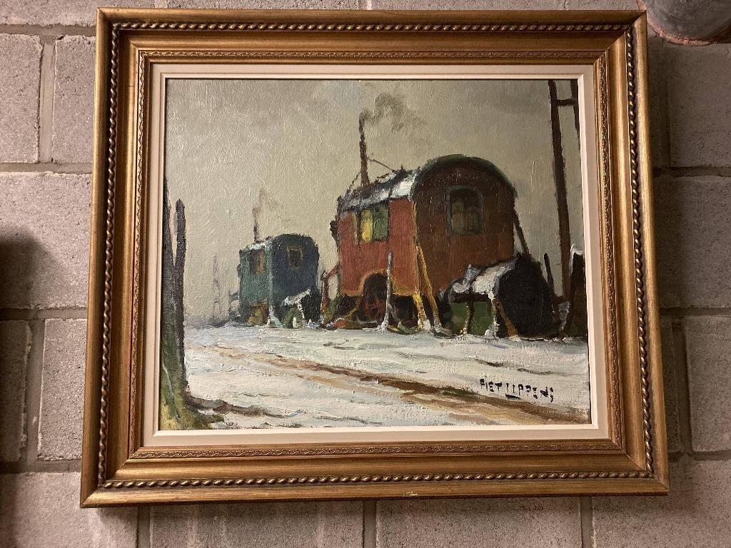 Paysage d'hiver avec peinture de remorques - Piet Lippens, Enlèvement ou Envoi