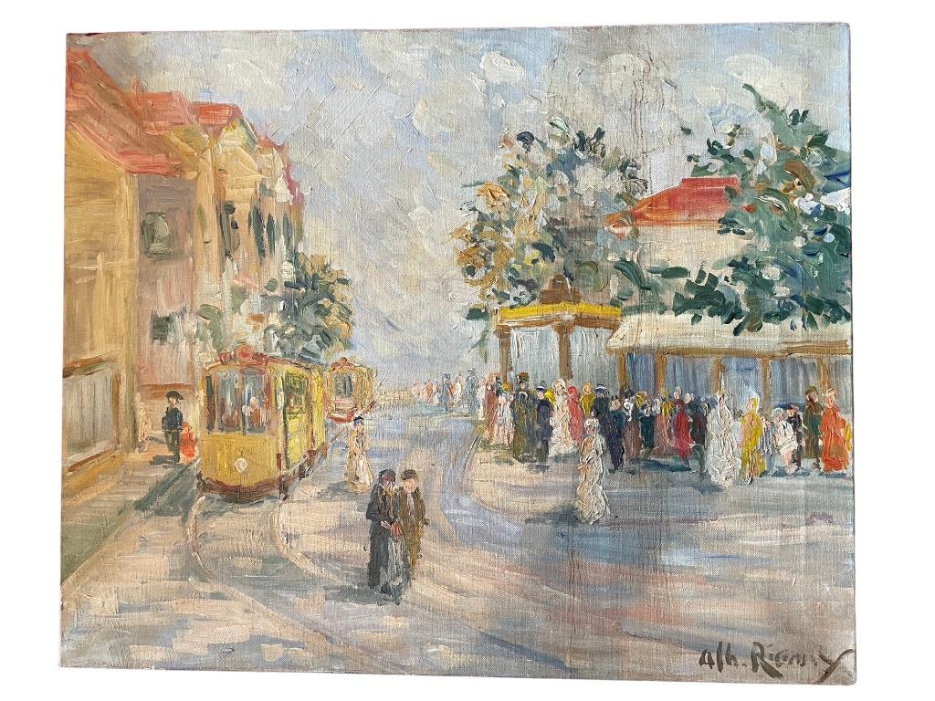 Tableau Peinture Huile sur Toile Le Tramway - Albert Rigaux, Antiquités & Art, Art | Peinture | Classique, Enlèvement ou Envoi