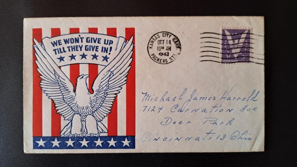 WWII Cover patriotique US 1943 avec timbre patrio au verso, Collections, Enlèvement ou Envoi