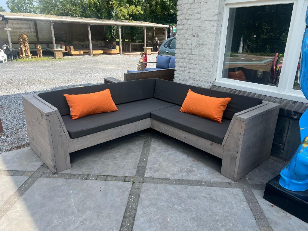 Solden 50% korting: loungebank met kussens, 5 zitplaatsen, Steigerhout, Ophalen of Verzenden, Zo goed als nieuw