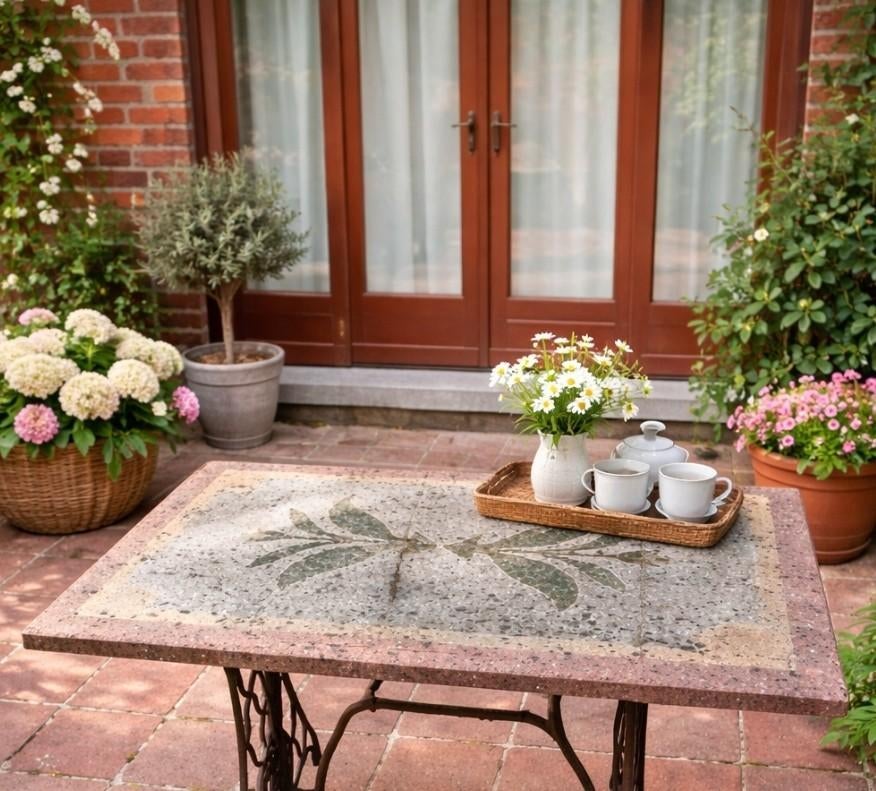 Table avec plateau en pierre et structure Singer, Antiquités & Art, Enlèvement