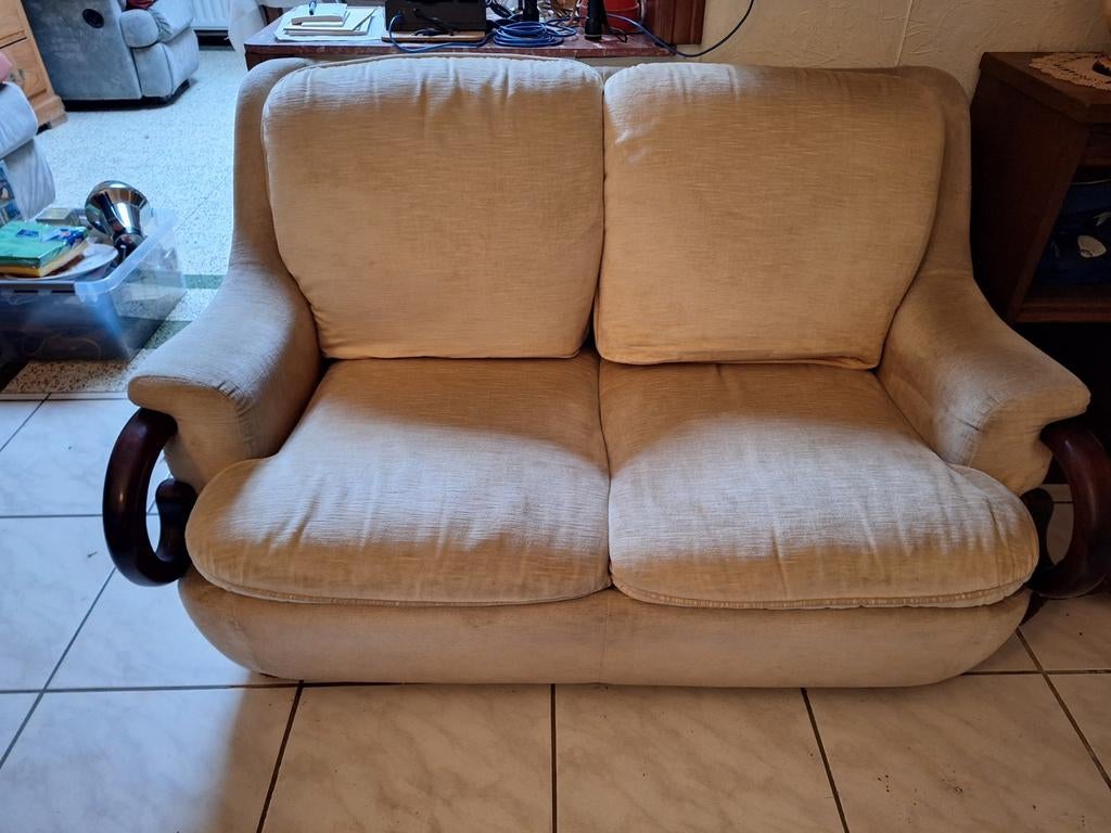 1 bank voor 2 personen + 2 stoffen fauteuils, Ophalen, Stof