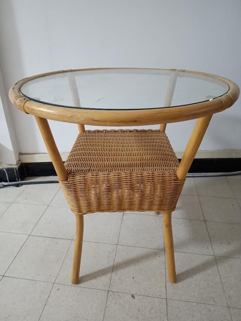 ronde rieten salontafel met glazen blad, Rond, 50 à 100 cm, Verre, Enlèvement