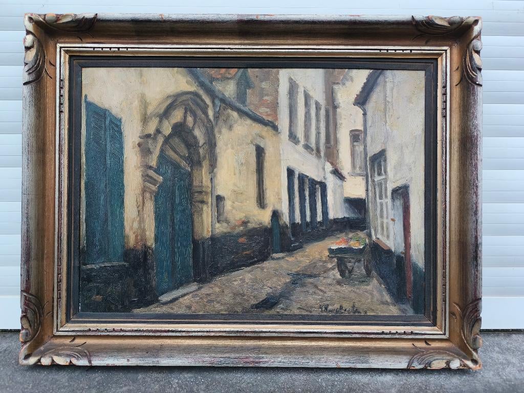 Huile sur panneau impasse signe gaston haustrate, Antiquités & Art, Enlèvement ou Envoi