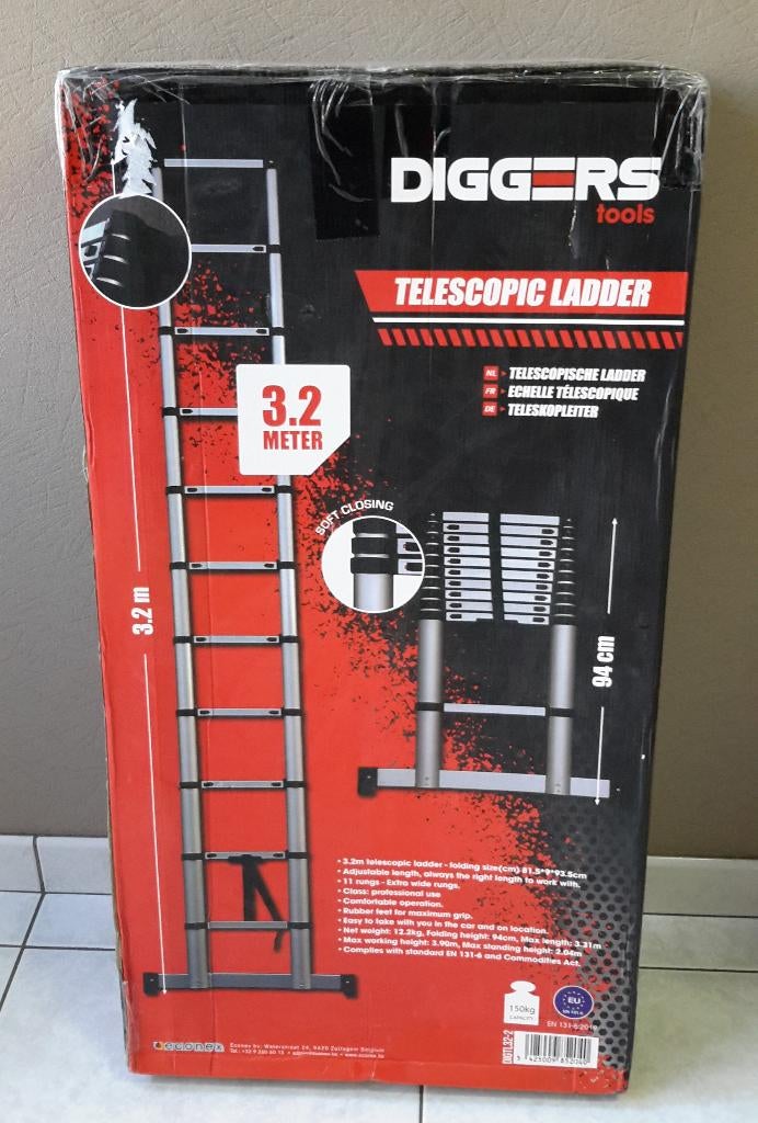 Telescopische ladder DIGGERS 3,20M ( NIEUW ), Doe-het-zelf en Bouw, Ladders en Trappen, Ophalen, Nieuw, Ladder, Opvouwbaar of Inschuifbaar
