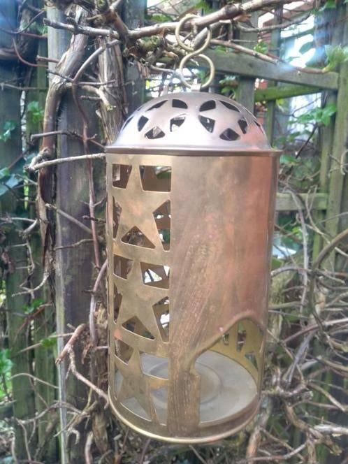 lantaarn -metaal(+blauw glas)+koperen windlicht, Huis en Inrichting, Woonaccessoires | Kandelaars en Kaarsen, Gebruikt, Metaal