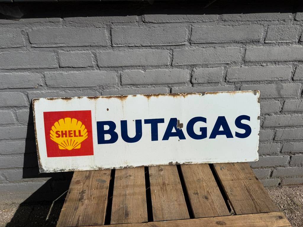 SHELL emaille reclamebord dubbelzijdig, Verzamelen, Merken en Reclamevoorwerpen, Gebruikt, Reclamebord, Ophalen of Verzenden