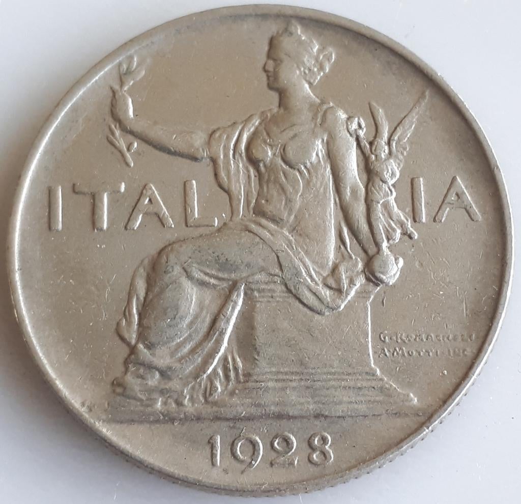 ITALIË: 1 LIRE 1928 R H KM 62 SCHAARSE KEY DATE, Postzegels en Munten, Munten | Europa | Niet-Euromunten, Ophalen of Verzenden