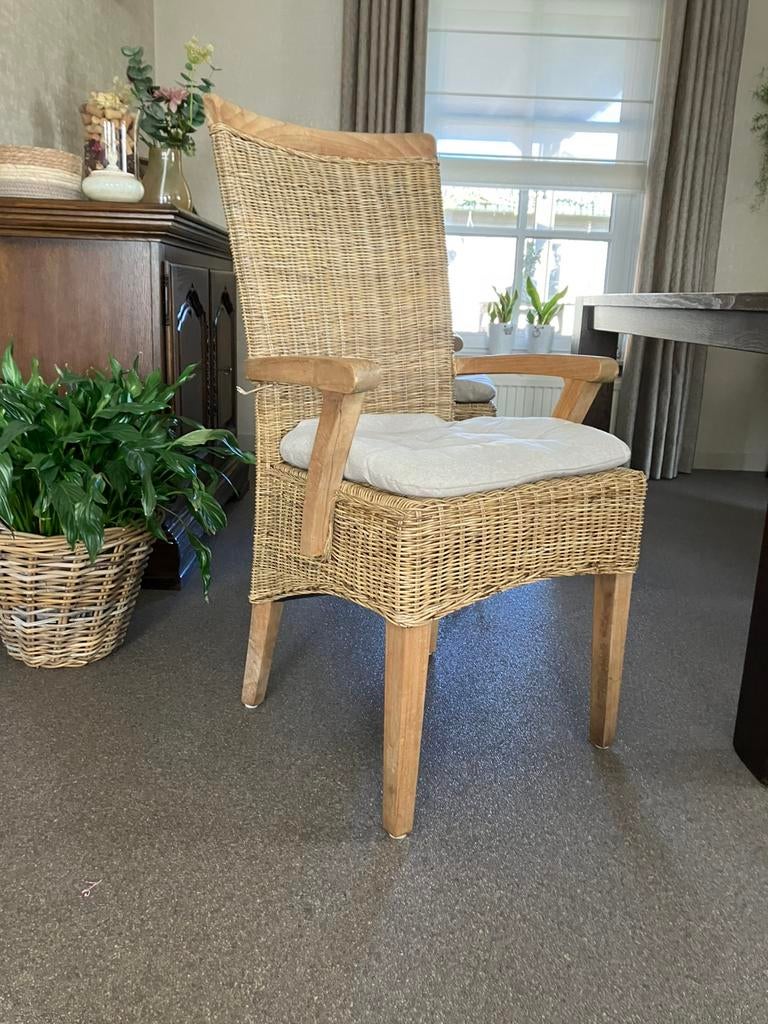 Rotan/teak stoelen 4 stuks, Ophalen, Gebruikt, Bruin, Hout