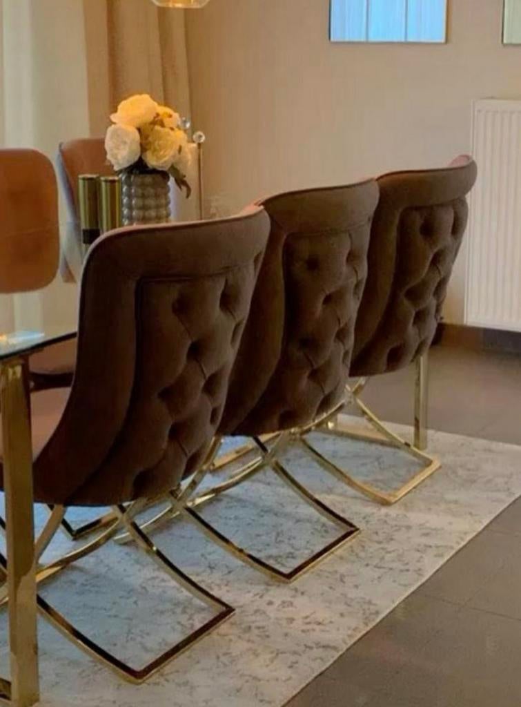 Table à manger + 6 chaises en velour brun, Maison & Meubles, Comme neuf, Brun, Enlèvement, Cinq, Six Chaises ou plus