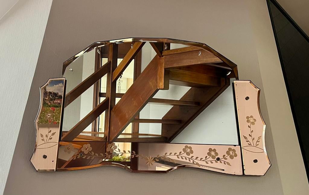 Vintage spiegel uit 1954 - florale gravure - 75x47cm, Antiek en Kunst, Ophalen