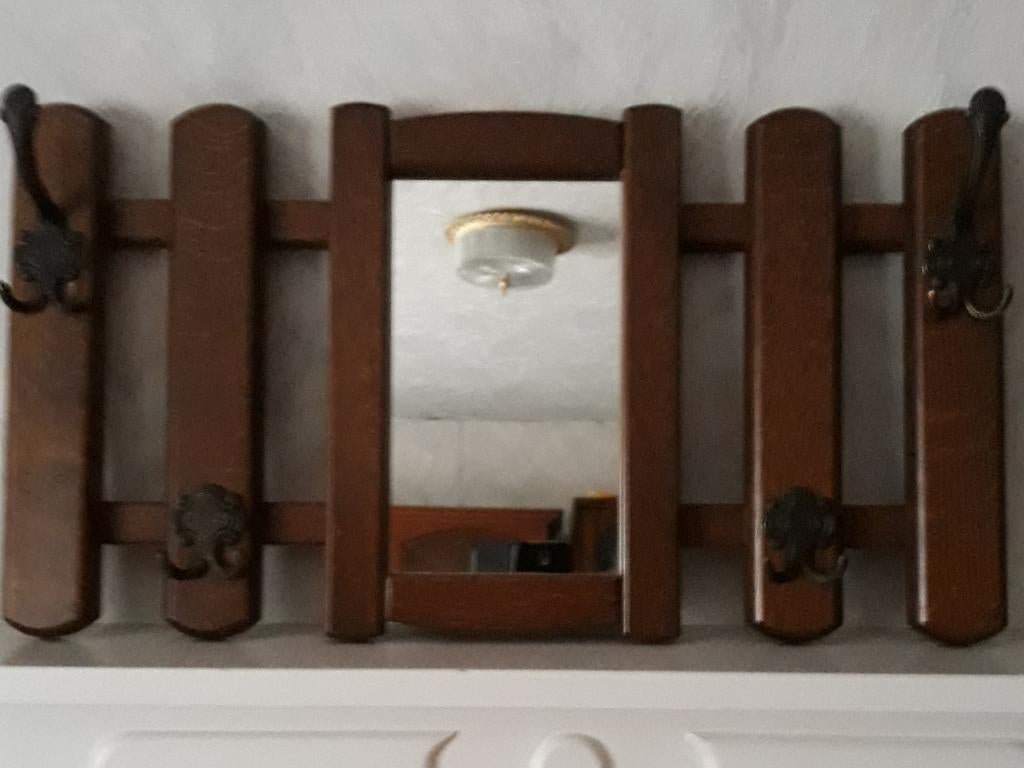 Massief eiken wand kapstok met spiegel perfecte staat 38/70, Antiek en Kunst, Ophalen, Rechthoekig, 50 tot 100 cm, Minder dan 100 cm