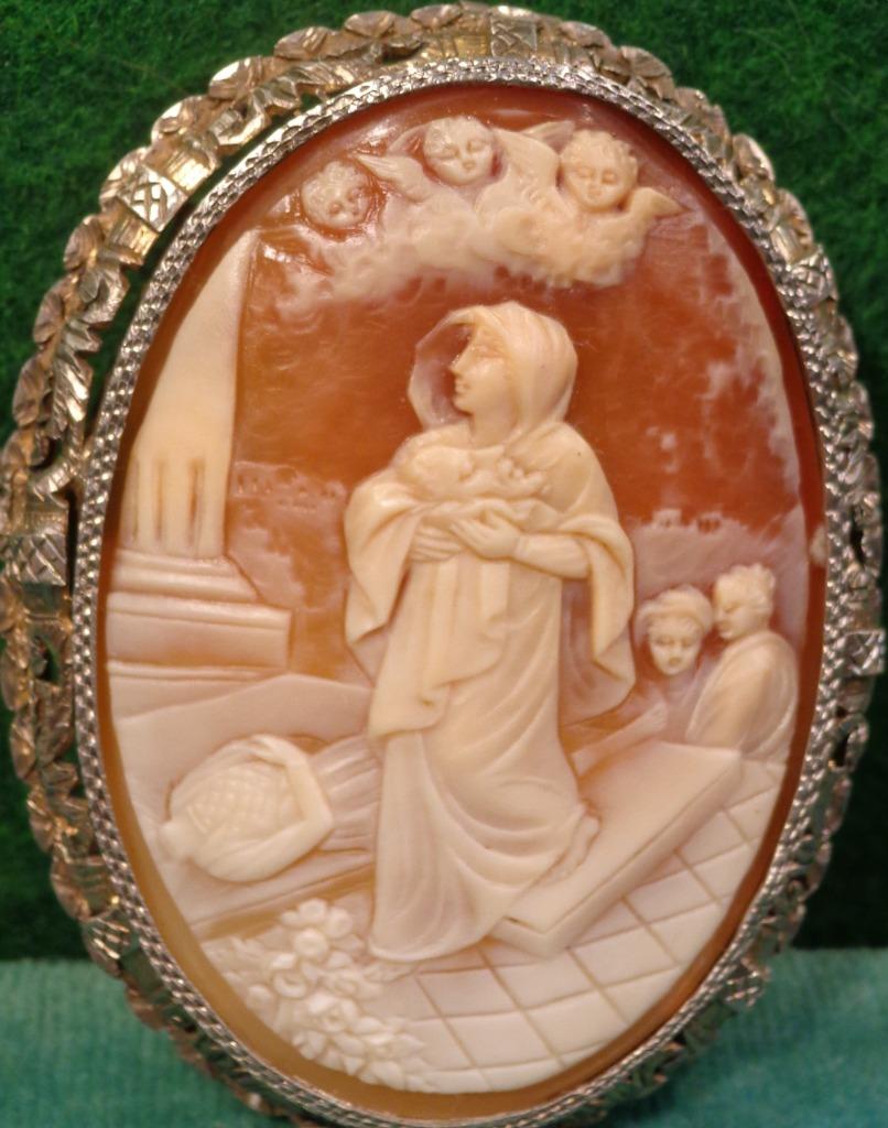 CAMEE COQUILLE 19e/SCENE BIBLIQUE/CERCLAGE ARGENT MASSIF, Enlèvement ou Envoi, Argent, Broche