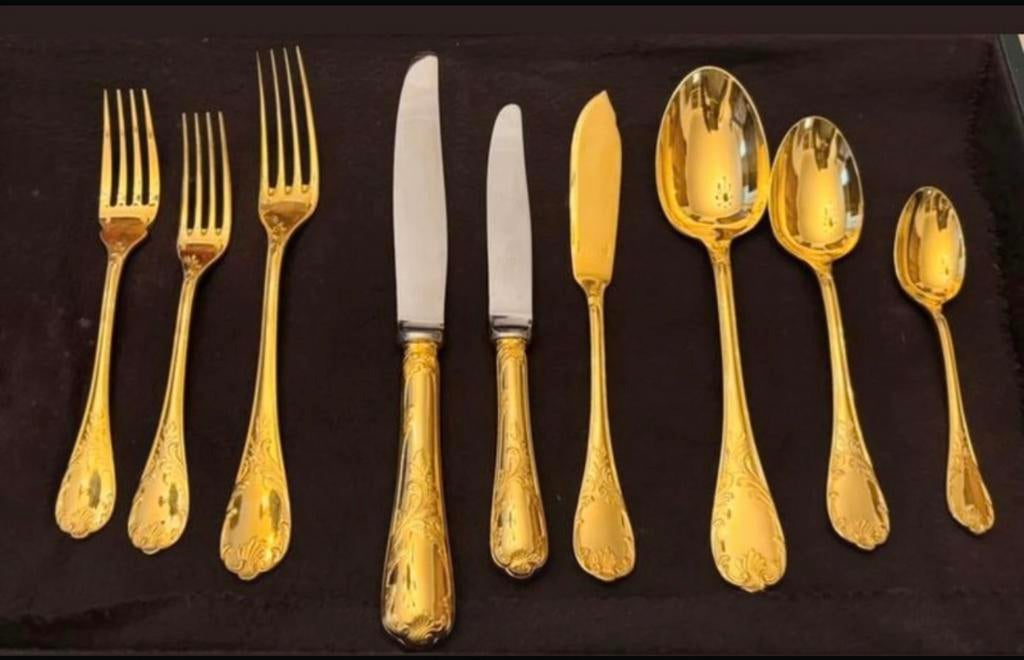 Christofle Marly bestekset 18kt geelgouden totale vergulding, Huis en Inrichting, Keuken | Bestek, Zo goed als nieuw, Zilver, Ophalen